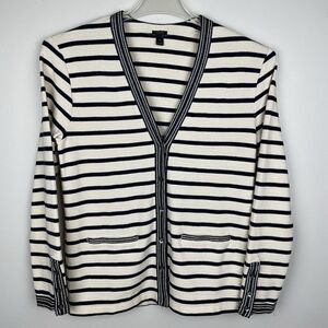J Crew V-neck Varsity Sweater Cardigan Women's Med Navy White Stripe Nautical
